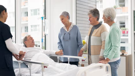 hospital, prayer and women visit man for comfort