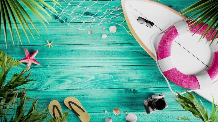 Summer beach items on turquoise wooden background in seamless