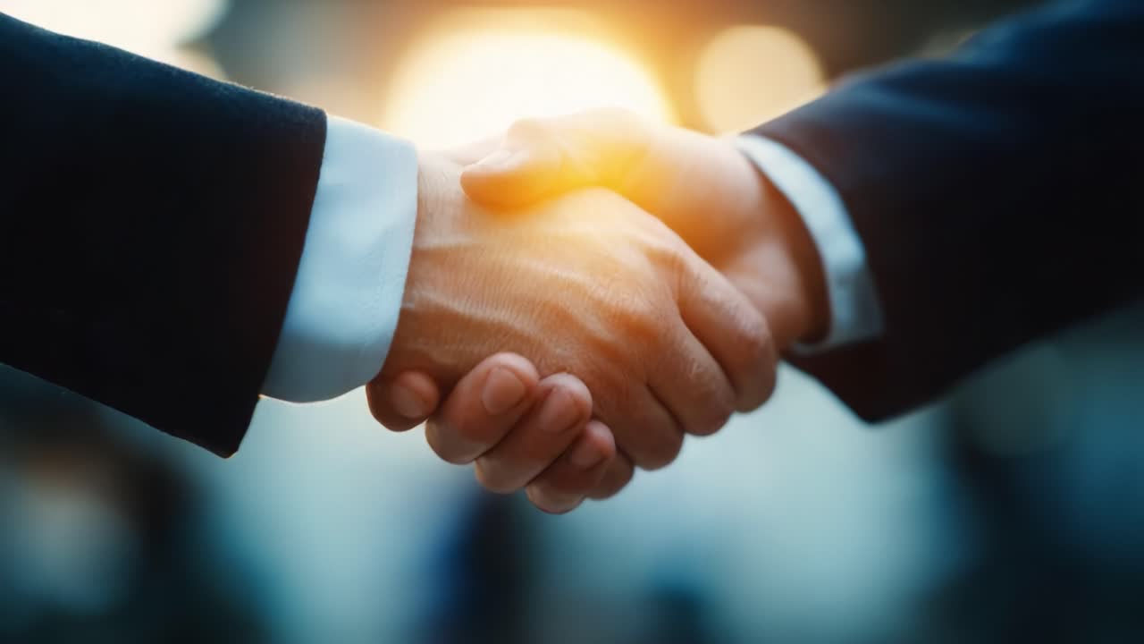 A Close-Up of Two Hands Shaking in a Business Agreement or Deal, Symbolizing Trust, Partnership, and Professional Commitment Against a Warm Background Light