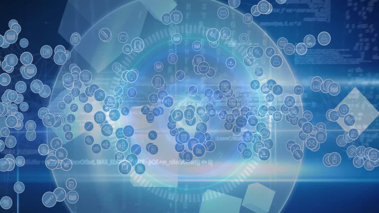 금융 데이터 처리 및 어두운 배경에 떨어지는 아이콘의 애니메이션