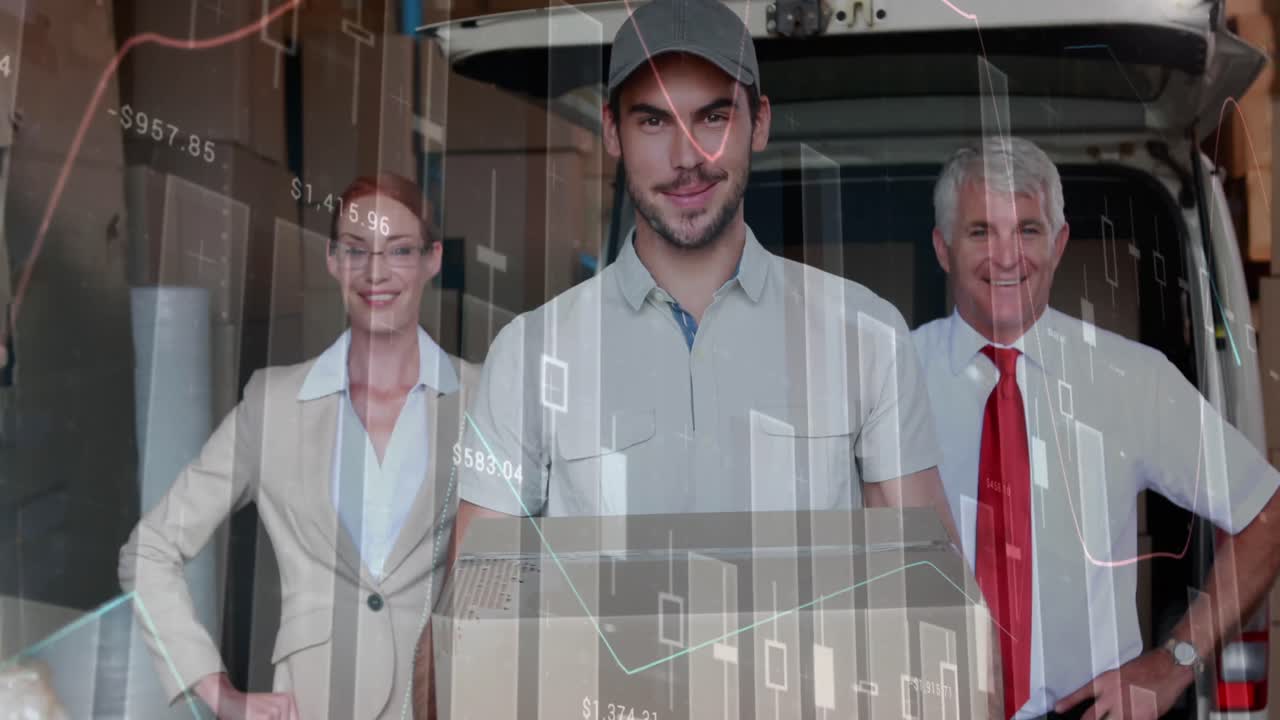 Animation der Statistik- und Finanzdatenverarbeitung über einem Lieferanten und Lieferwagen