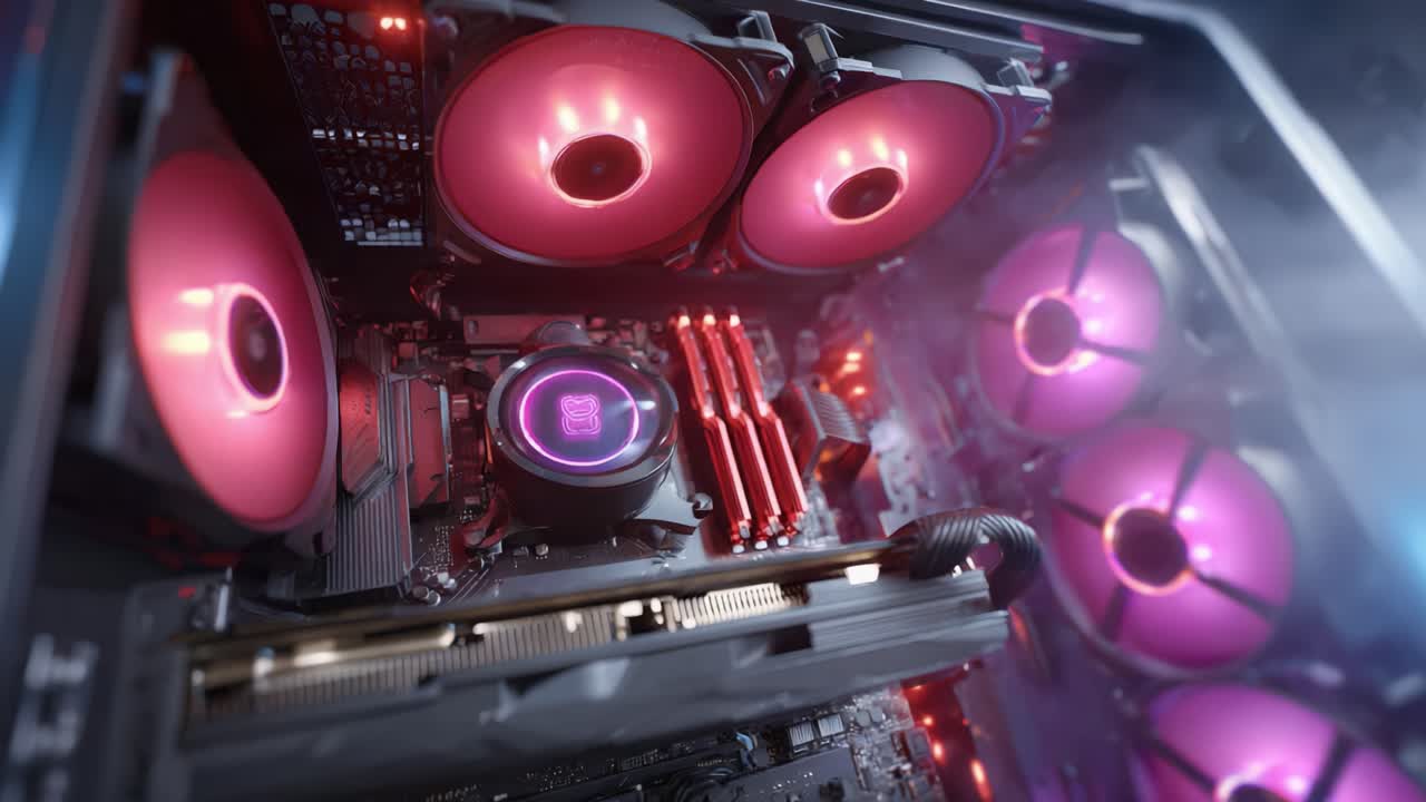 An Intricate View of a High-Performance Computer Hardware Setup Featuring RGB Lighting and Advanced Cooling with a Sleek Design for Optimal Gaming and Processing Performance