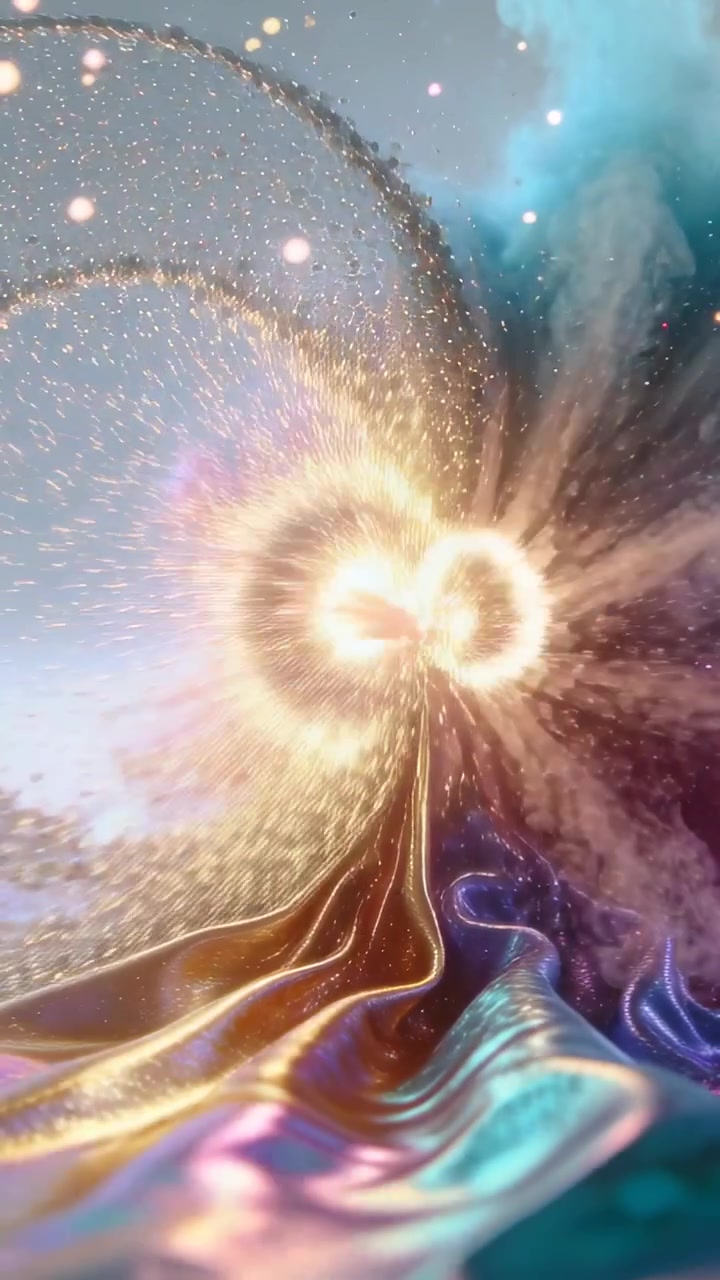 Video verticale: Anello scintillante che gira, fumo che si avvolge, vortice scintillante che si forma sopra un panno in studio.