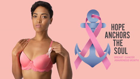 animación del logotipo del anclaje de cinta rosa con texto de cáncer de mama sobre una mujer sonriente con sujetador rosa