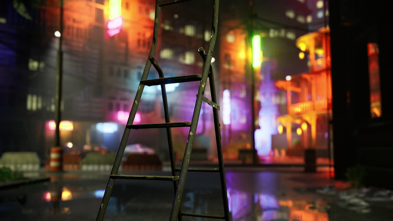 Mysterious urban night scene with a ladder in a vibrant colorful setting