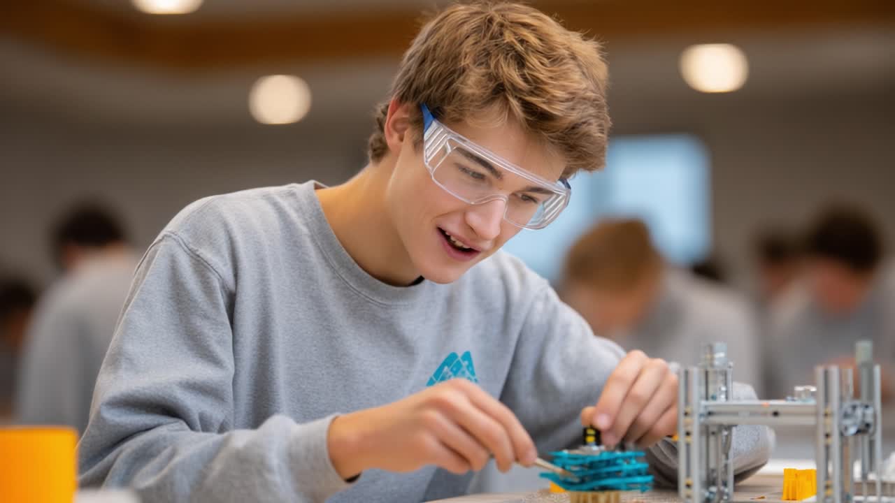 A Focused Student Engaged in a Hands-On Engineering Project, Showcasing Skill and Enthusiasm While Building a Mechanical Model in a Classroom Environment
