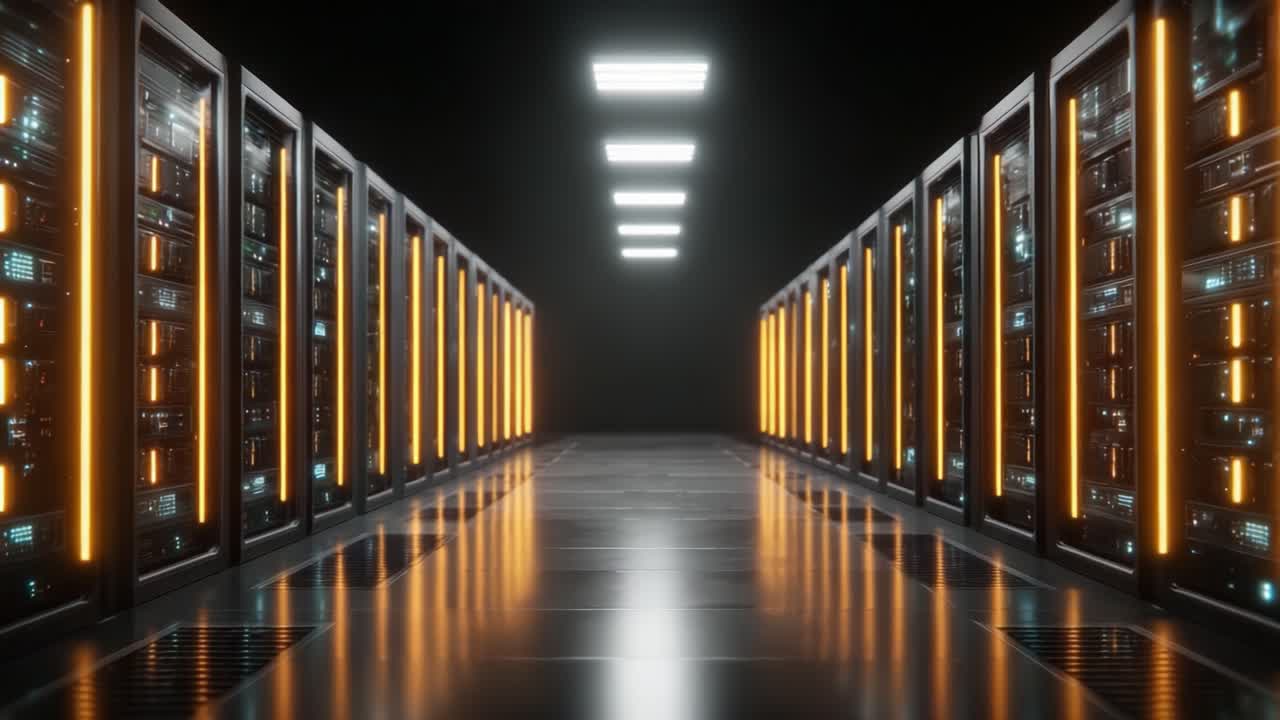 A High-Tech Data Center Featuring Rows of Advanced Server Racks with Illuminated Panels and a Sleek, Reflective Floor in a Modern Computing Environment