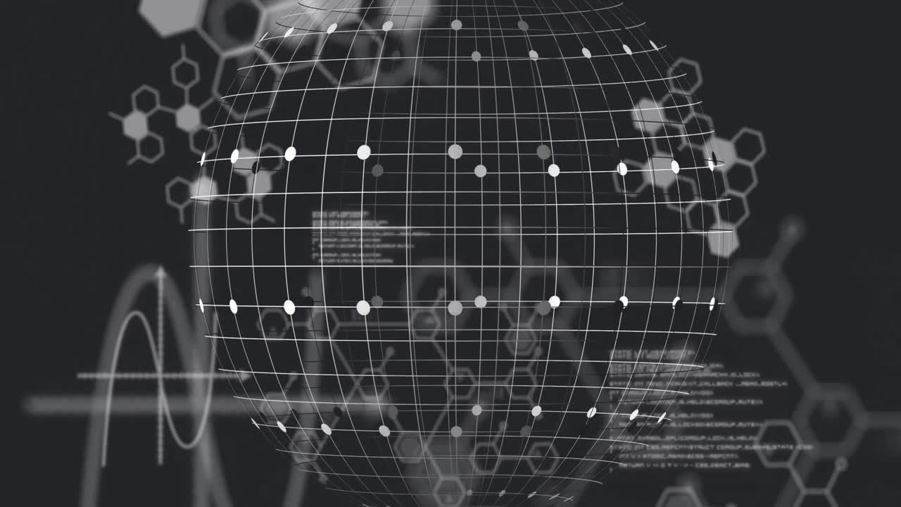 컴퓨터 언어를 통해 그리드 패턴 지구의 애니메이션, 추상적인 배경에 분자 구조