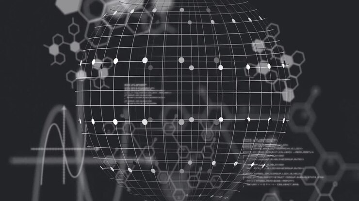 Animation of grid patterned globe over computer language, molecule structures on abstract background