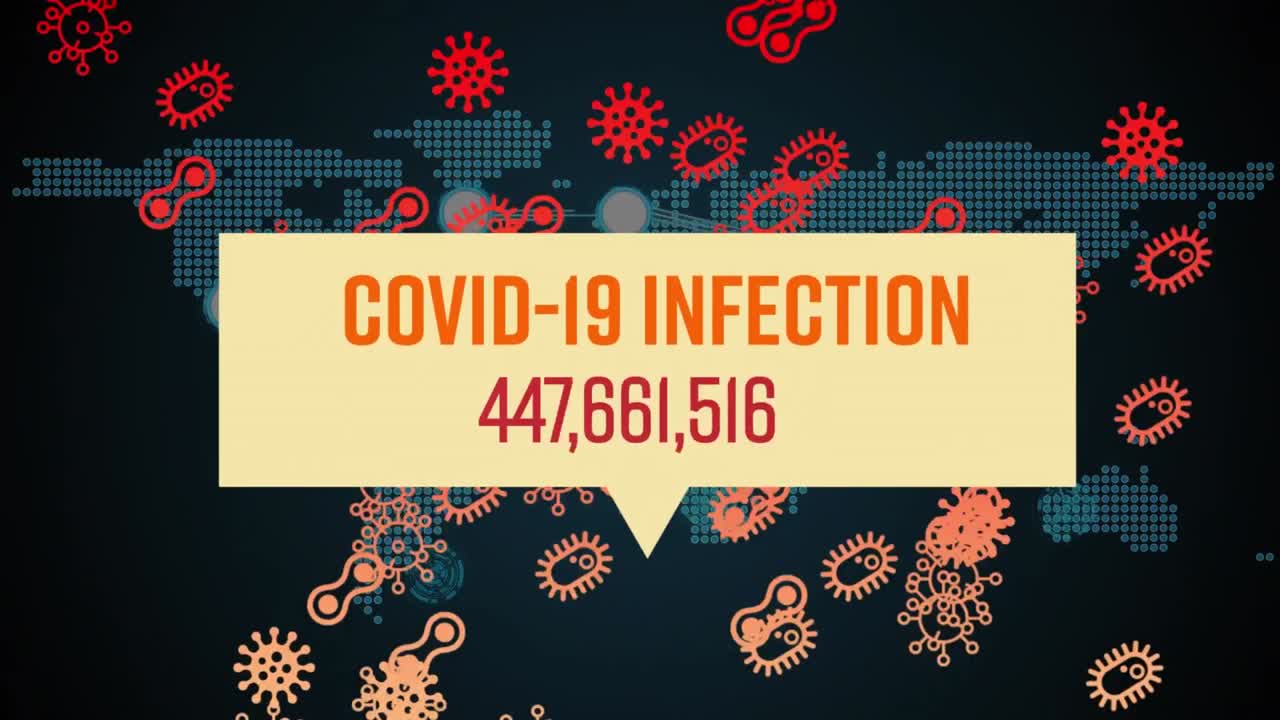 세계 지도 위의 코로나19 텍스트 애니메이션