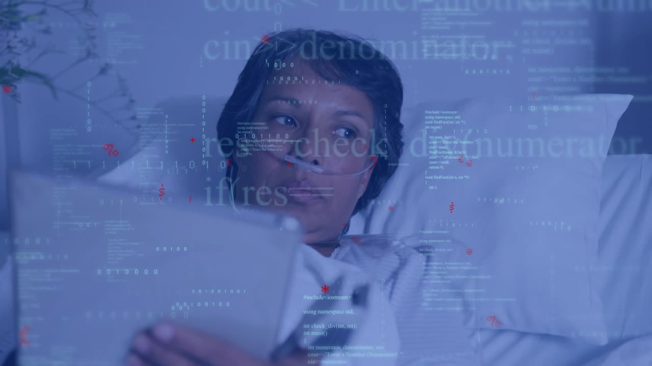 Adult patient lying on hospital bed bringing tablet closer reviewing animated health data visuals