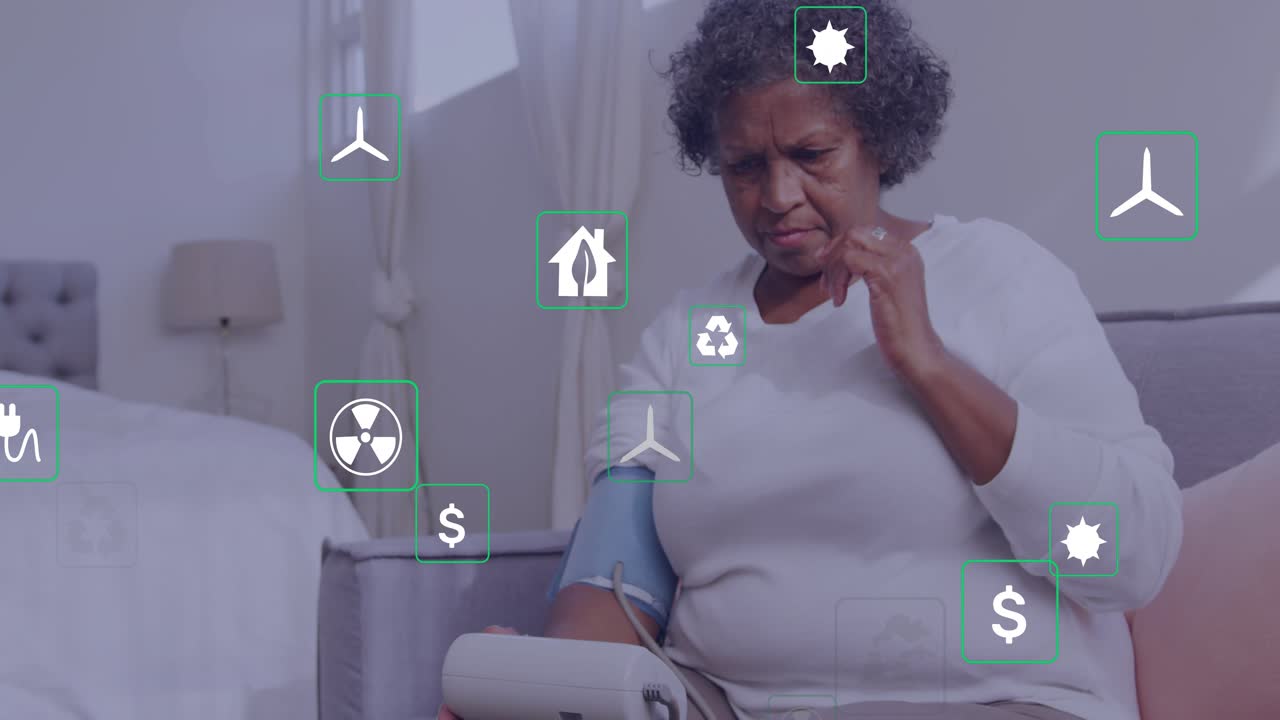 Senior woman noticing floating health icons, donning cuff, lifting glasses and studying monitor