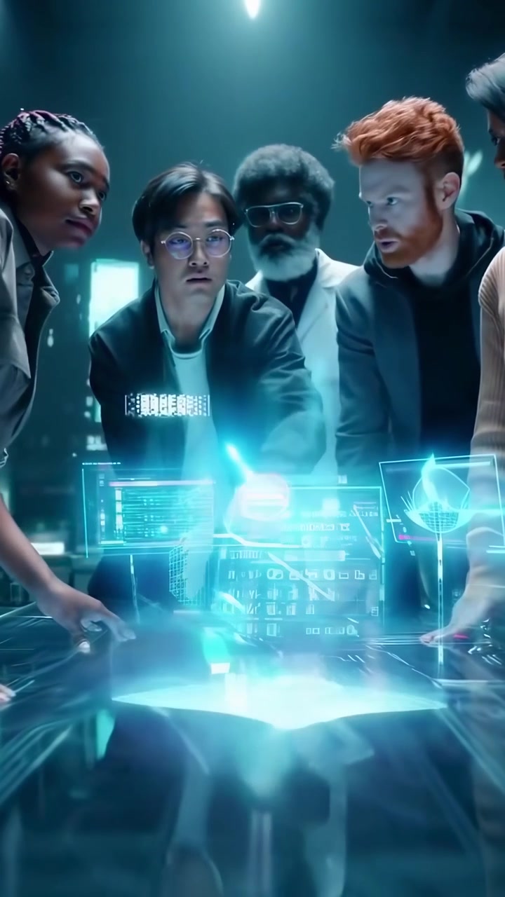 Diverse Team Collaborating on Futuristic Holographic Data Interface