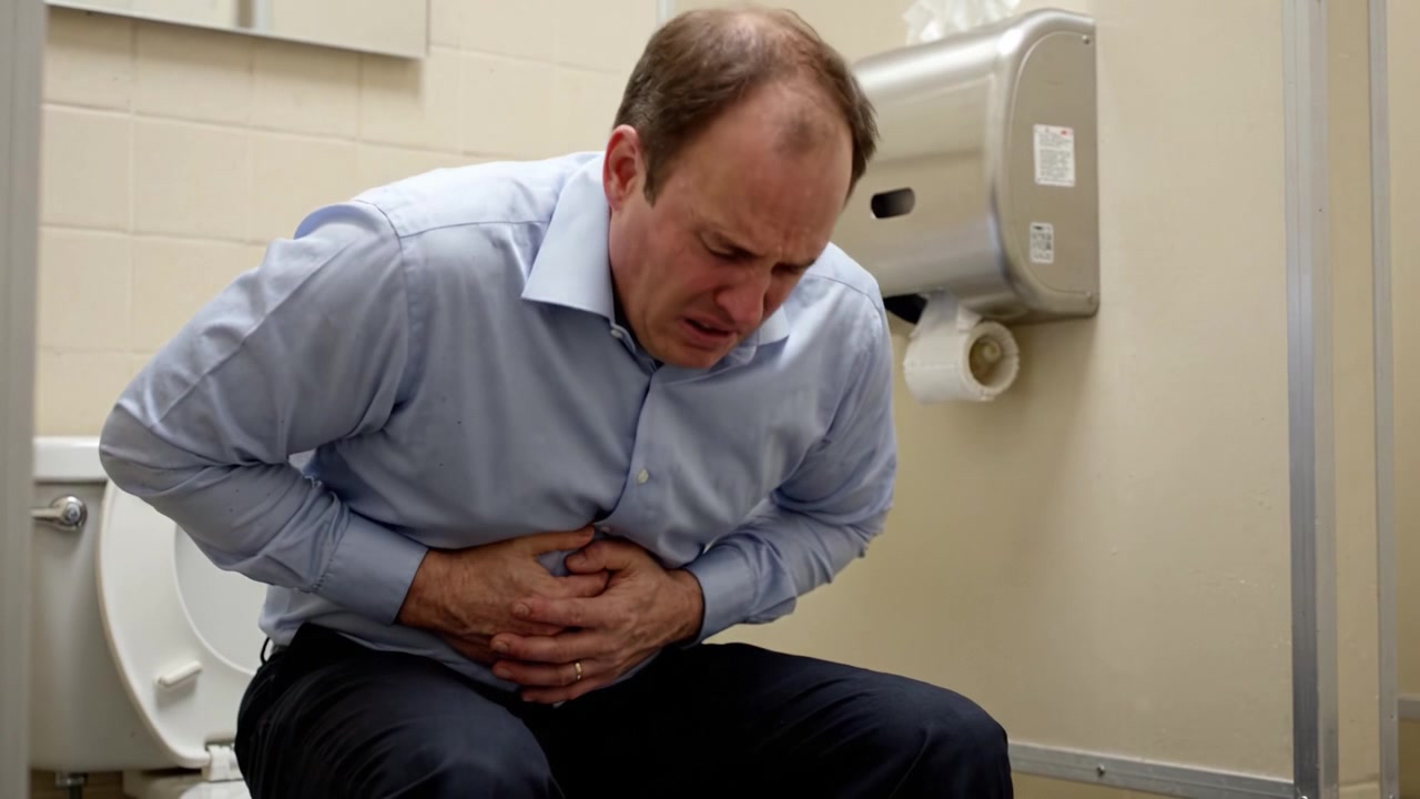 Kæmper med stærke mavesmerter: En person i nød fanget i to billeder, der viser et øjebliks fysisk ubehag på et toilet.