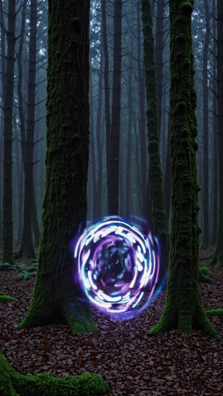 En mystisk skovscene med en glødende portal i øjenhøjde, fanget i en filmisk stil