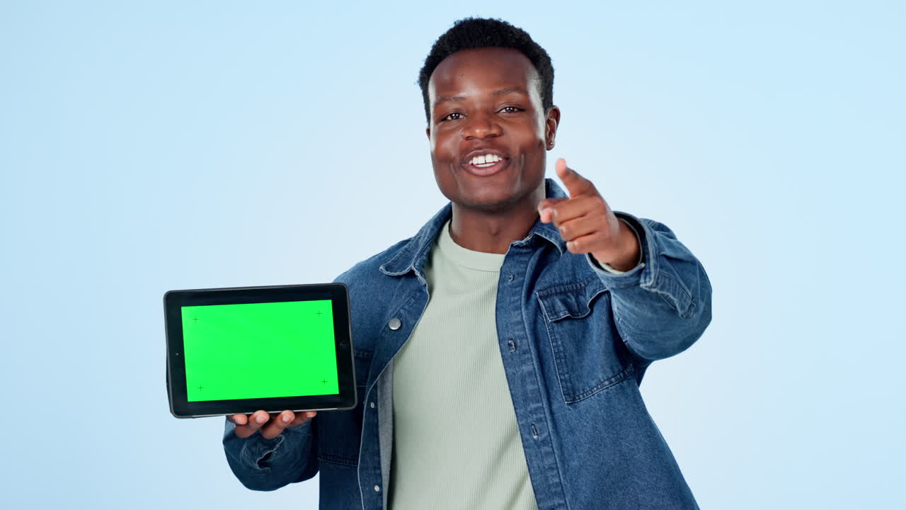 Black man, tablet green screen