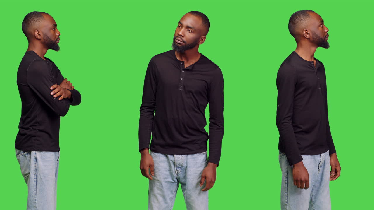 Três retratos de um homem em tela verde