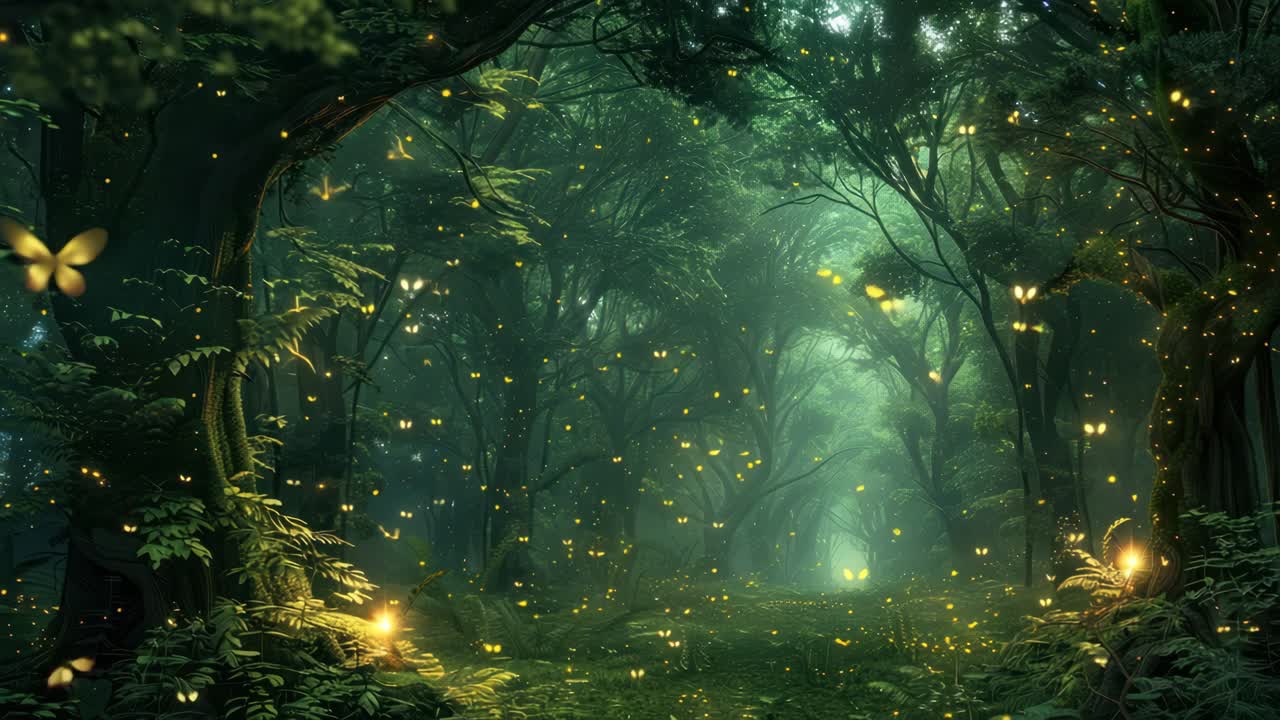 Enchanting forest scene with glowing fireflies video. Live desktop wallpaper
