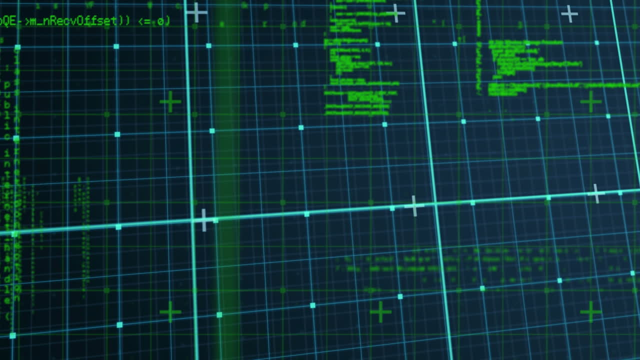 Animation of data processing and computer circuit board over grid