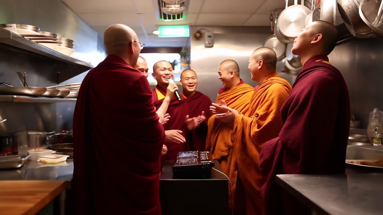 Group of monks singing in a kitchen
