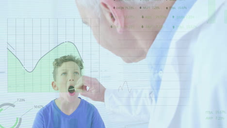 Animation-Der-Datenverarbeitung-über-Einem-Kaukasischen-Männlichen-Arzt-Und-Einem-Jungen-Patienten-Im-Krankenhaus