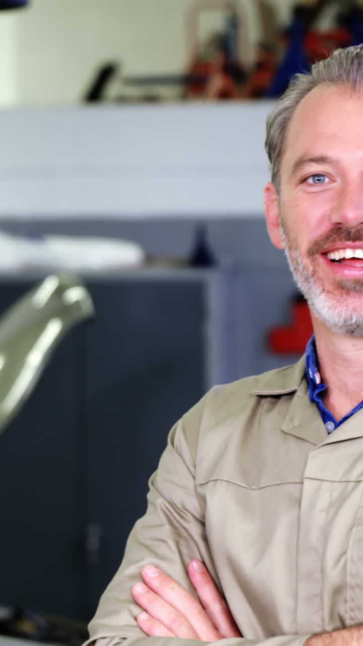 mecánico de pie con los brazos cruzados