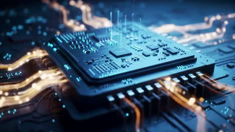 a close-up view of an advanced microprocessor on a circuit board, showcasing complex patterns and vibrant light trails representing data flow and connectivity