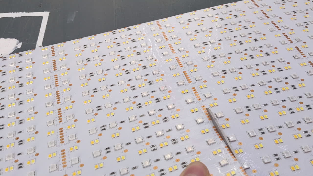 Cutting led panel with scissors.