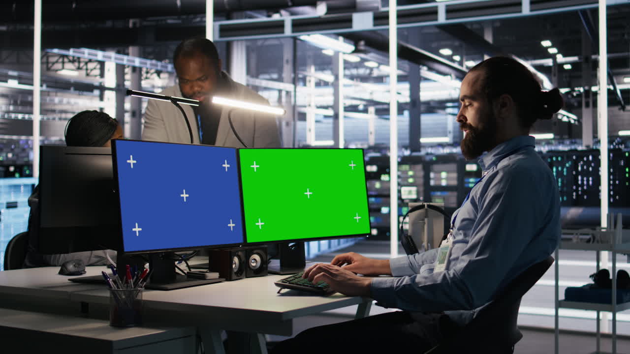 Vertical video Data center admin using isolated screen mockup PC