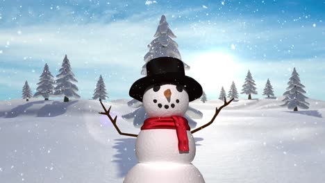 Snow-falling-over-snowman-on-winter-landscape-against-blue-sky