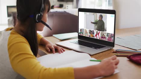 Composite-of-girl-using-laptop-for-online-lesson-at-home,-with-diverse-teacher-and-class-on-screen