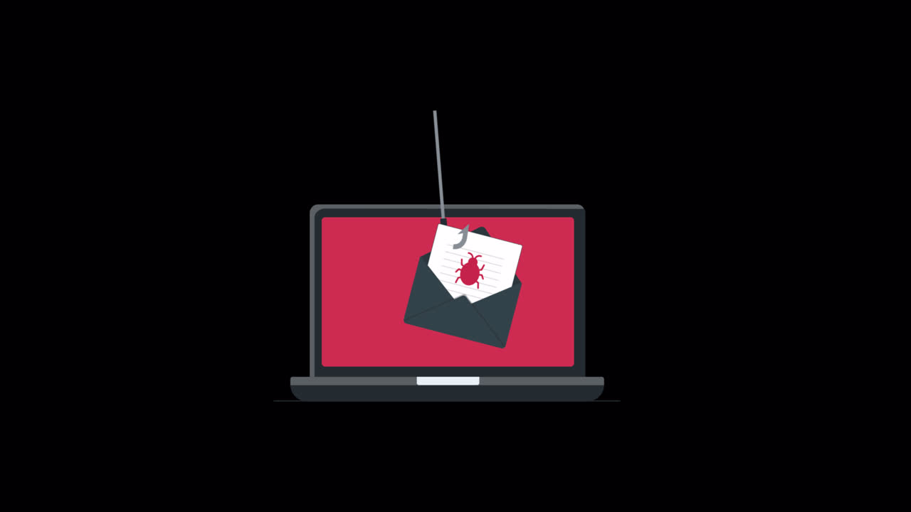 Animeret phishing-angreb med malware-e-mail på bærbar computer.