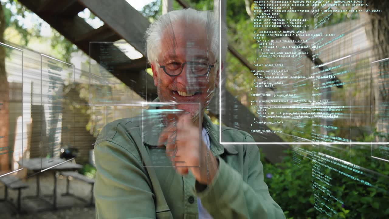 Senior man on deck, tracking HUD boxes appearing and exploring live code, smiling during tech demo