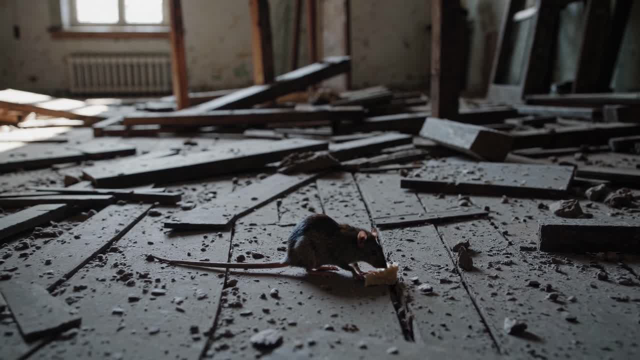 Low-angle shot of an abandoned room with scattered debris and broken wood, creating a dramatic