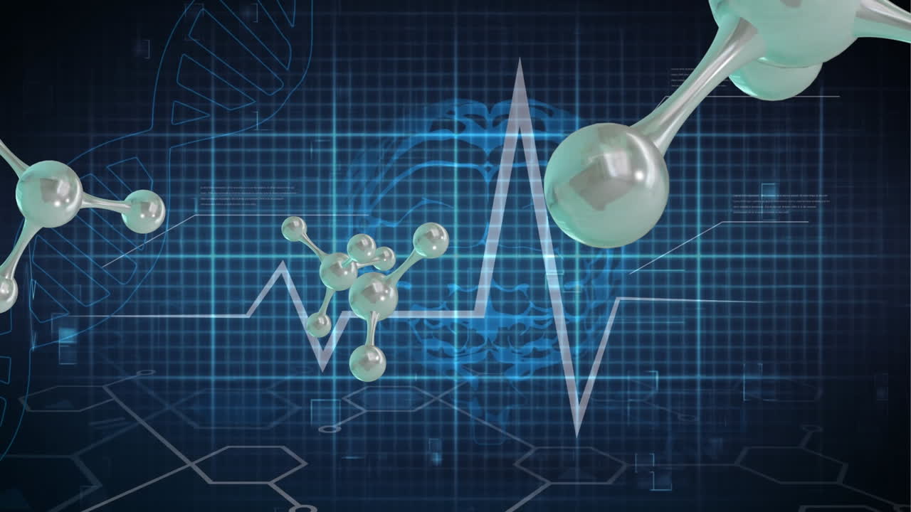 검은색 배경 위의 분자 모델과 그리드의 마이크로의 애니메이션