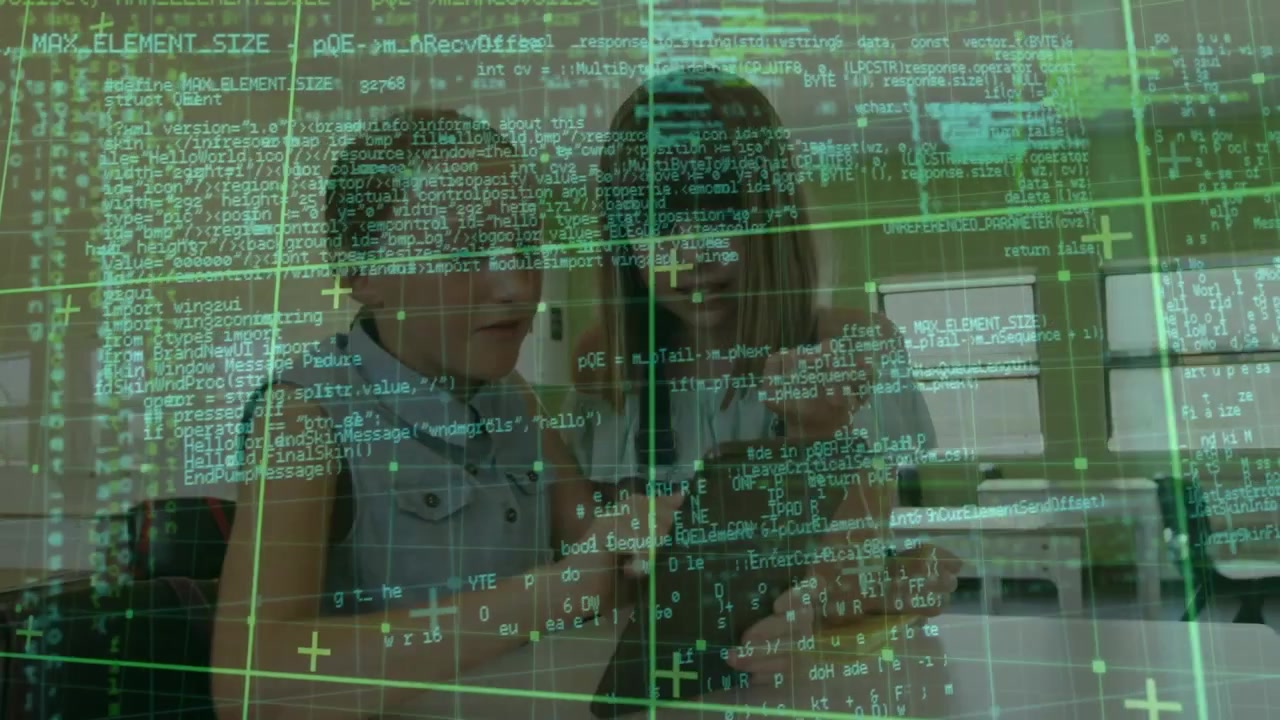 Two Young Girls Using a Tablet in a Classroom with Digital Data Overlay