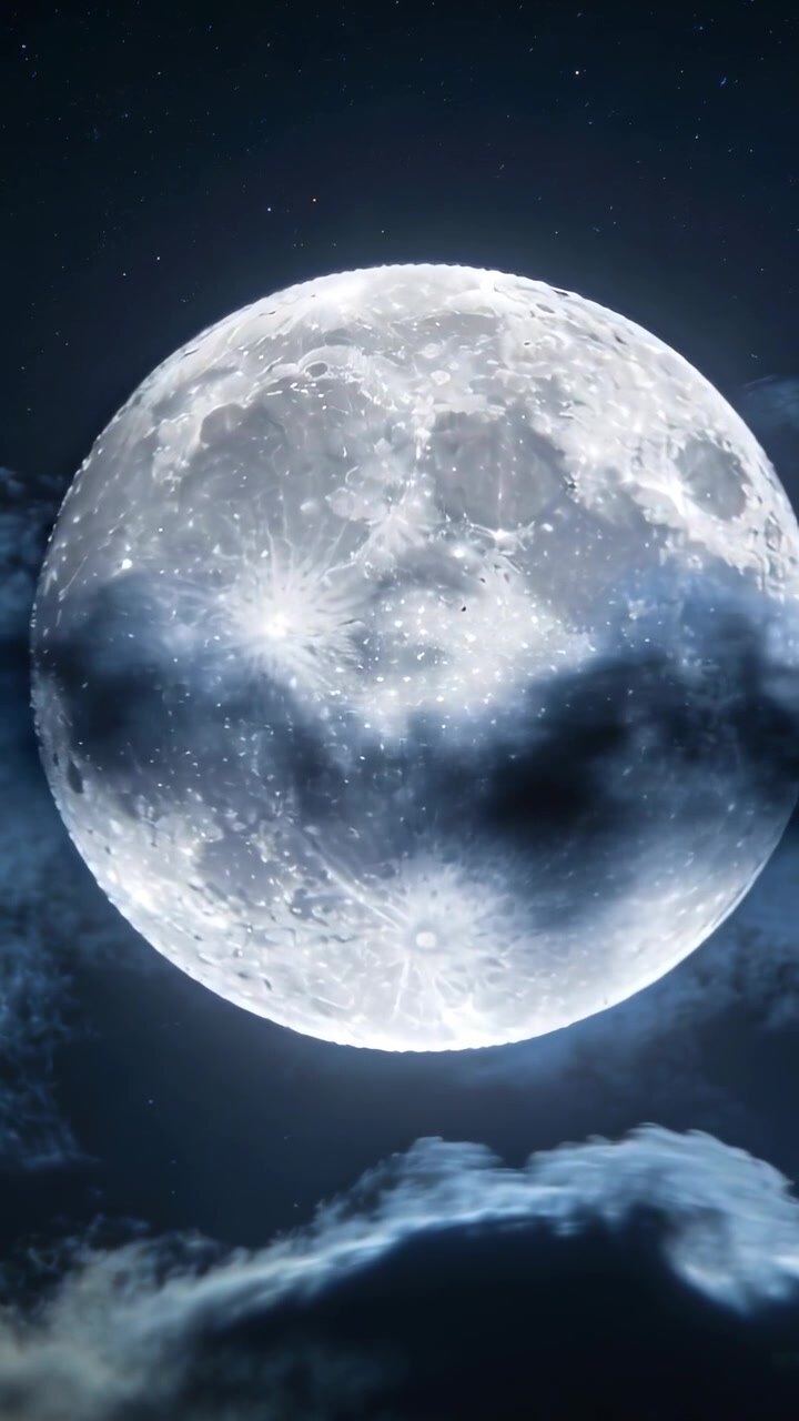 Vídeo vertical: Brisa empurrando faixa de nuvens passando pela lua cheia central no céu noturno com estrelas tênues.