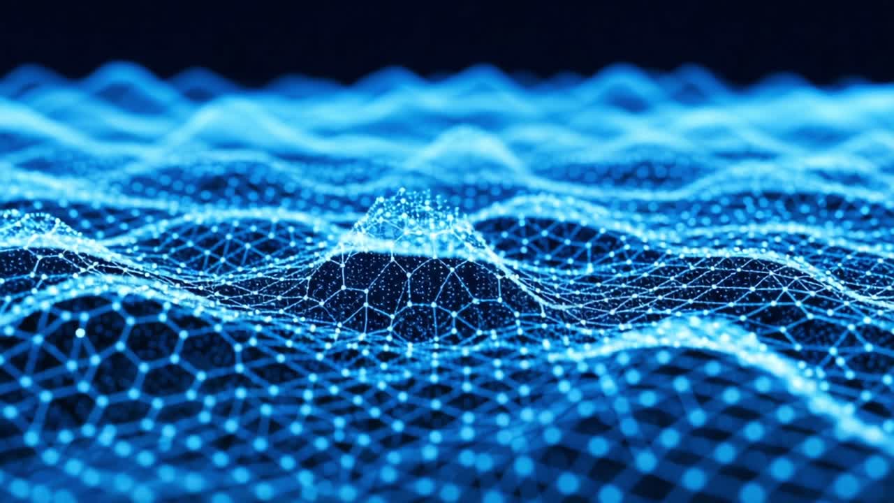 A Stunning Visualization of Digital Waves: Exploring Complex Geometric Patterns in a Vibrant Blue Network of 3D Structures and Waveforms Reflecting Modern Technology