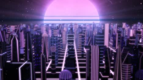 fly over neon city outrun synthwave buildings with 80s retro sun - 4k seamless loop motion background animation