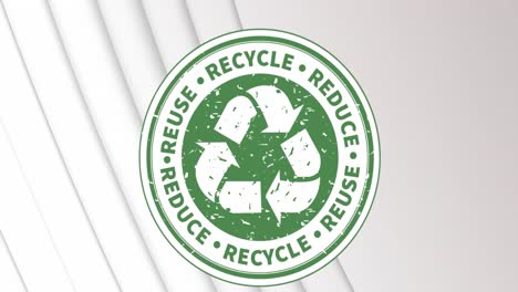 animación del texto de reciclaje sobre círculo verde y blanco y rayas blancas