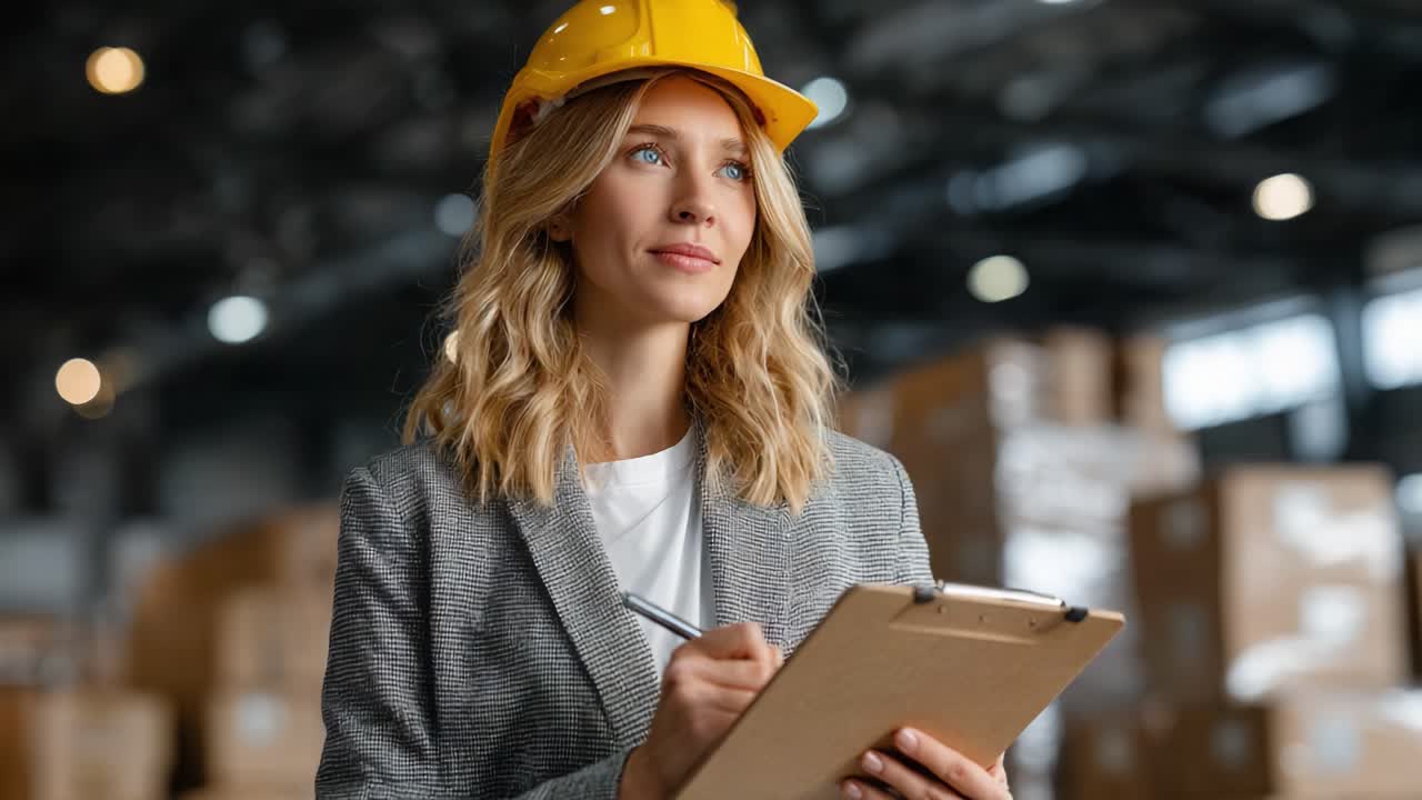 A Focused Female Supervisor Wearing a Hard Hat Assesses Inventory and Records Data on a Clipboard in a Warehouse Environment, Highlighting Leadership and Safety