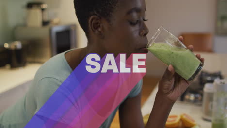 person drinking green smoothie with sale text animation over colorful stripes