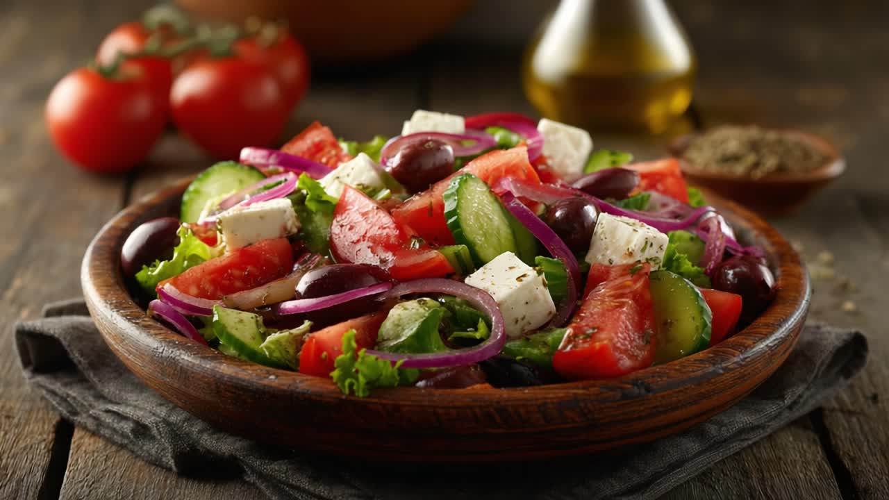 Un'insalata mediterranea fresca e colorata presentata in una rustica ciotola di legno, con verdure vivaci, cremosa feta e un filo d'olio d'oliva per un sapore irresistibile