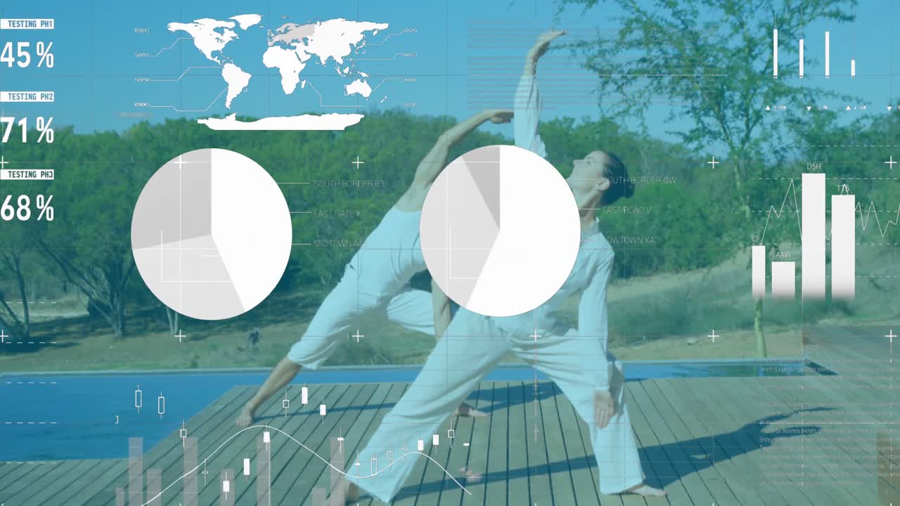 카우카시안 커플 스트레칭에 대한 데이터와 통계가 있는 그래프의 애니메이션