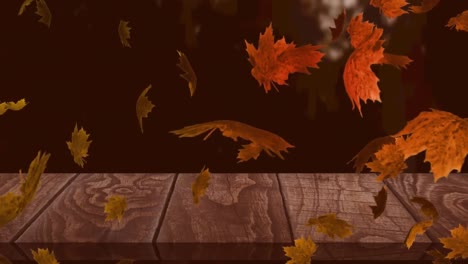 Digital-animation-of-multiple-autumn-leaves-floating-over-wooden-surface-against-forest