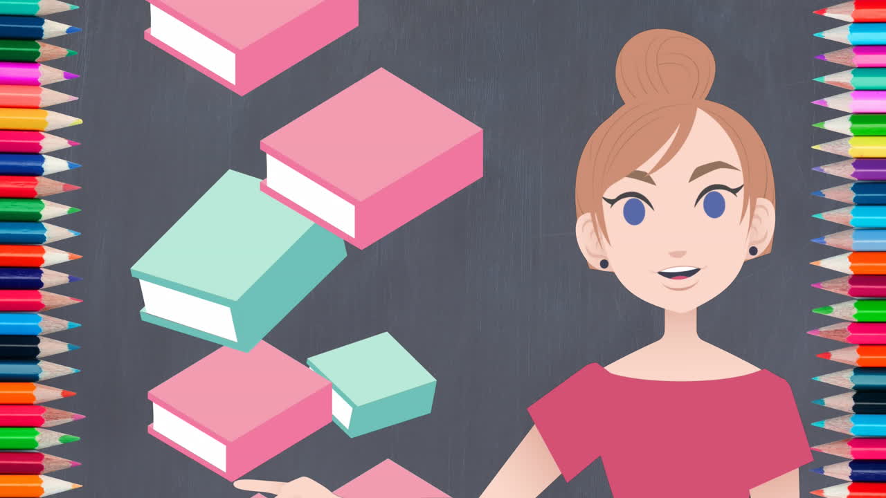 animación de una mujer hablando sobre iconos de libros