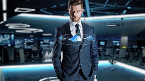 businessman interacting with cloud computing interface