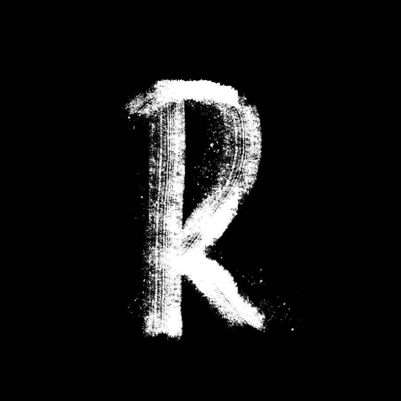 Lettre R blanche animée, style grunge, sur fond noir.