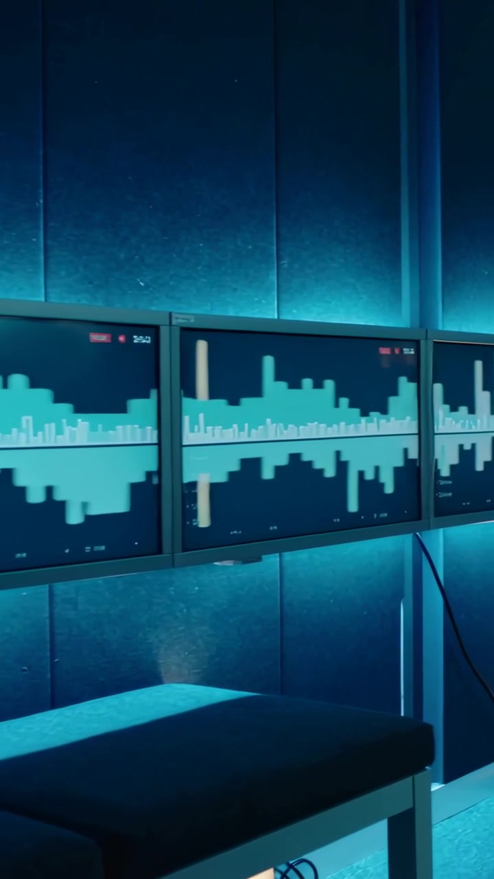 Vertical video: Panning camera revealing monitors showing moving bars in studio for work with bench