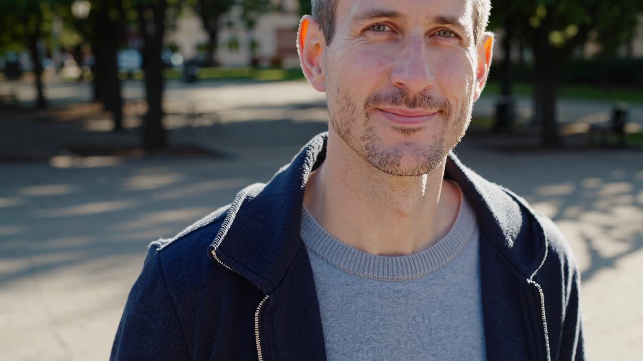 Confident male standing in verdant urban park, wearing casual jacket and sporting unshaven beard, radiating positive emotion and peaceful demeanor
